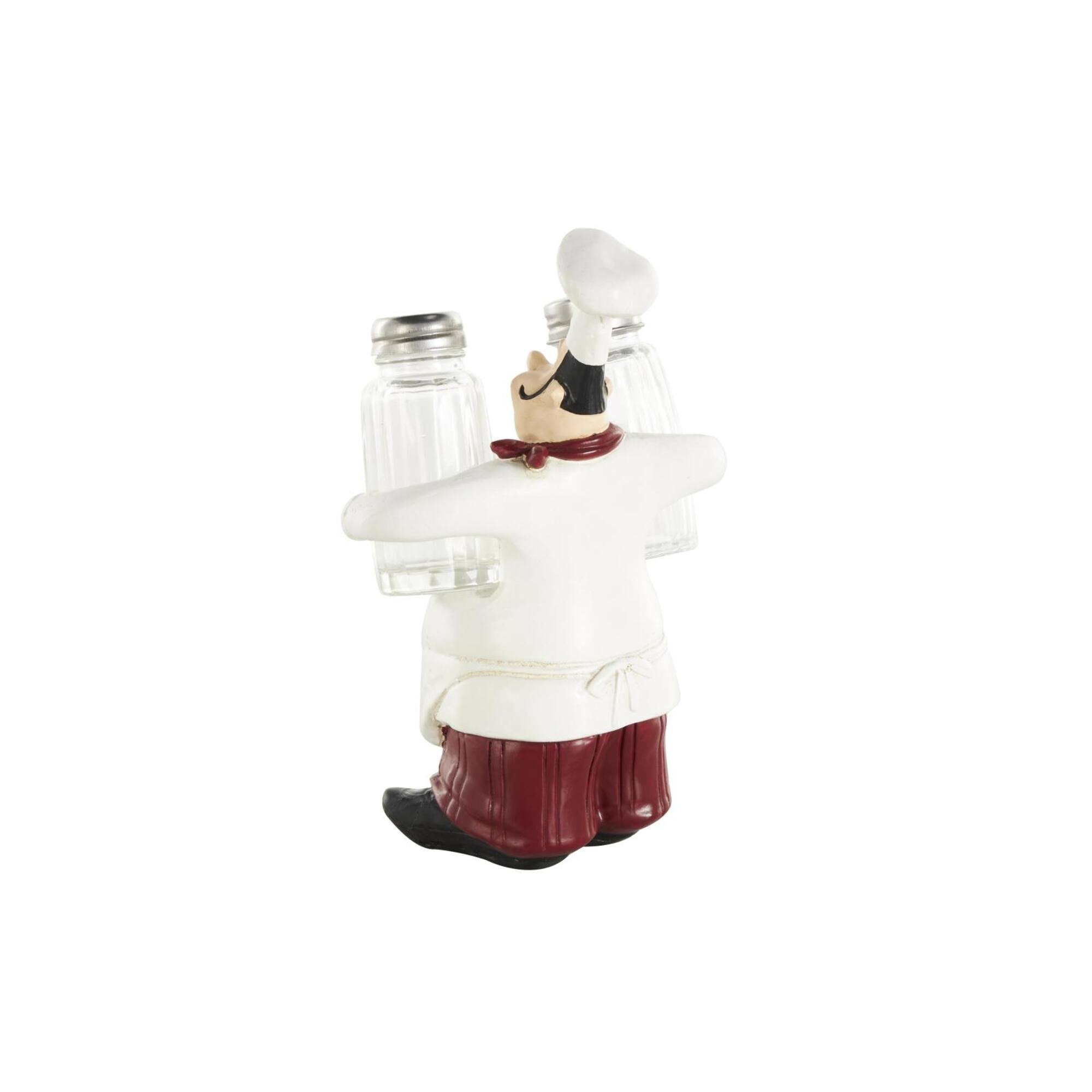 8" White Polystone Chef Figurine Salt & Pepper Shaker Holder with Red Accents